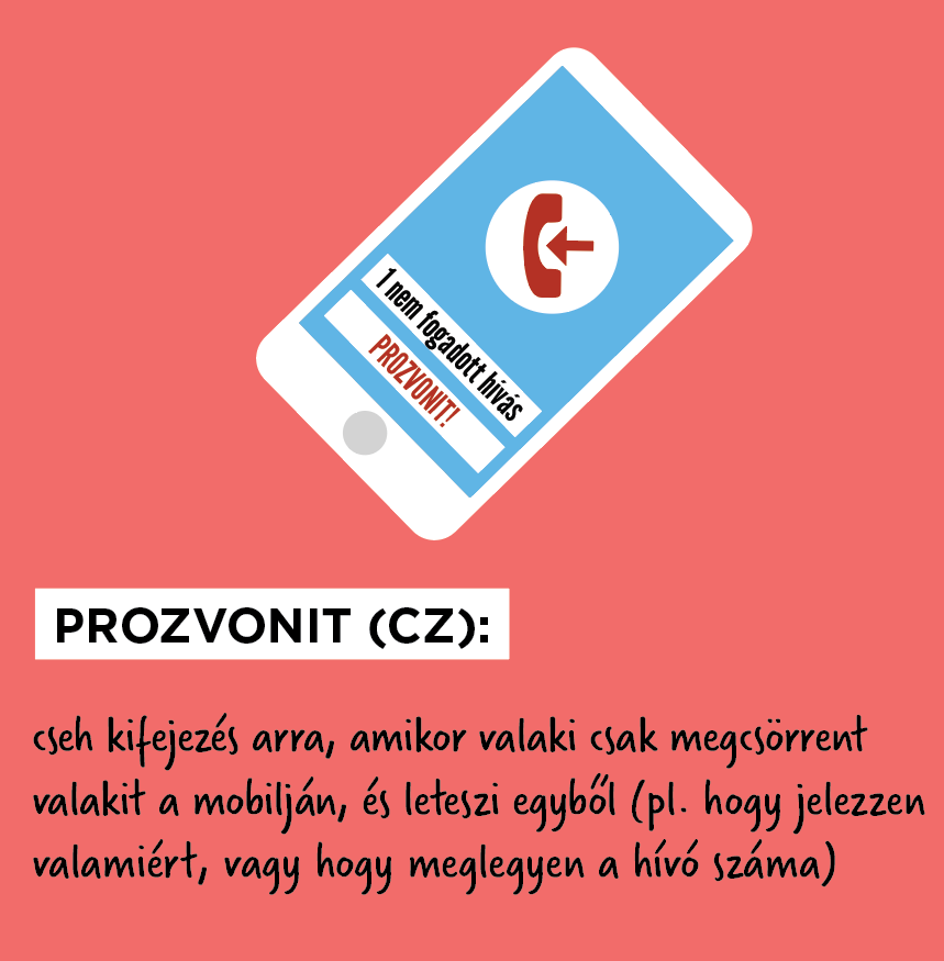 Prozvonit: cseh kifejezés arra, amikor valaki csak megcsörrent valakit a mobilján, és leteszi egyből (pl. hogy jelezzen valamiért, vagy hogy meglegyen a hívó száma)