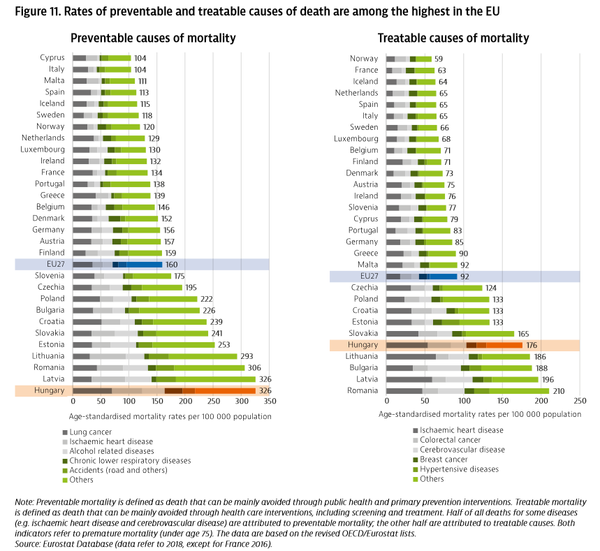 A megelőzhető és kezelhető halálozási okok miatt elhunytak száma országonként, 100 000 főre vetítve (összességében, nem csak a rákbetegségre vonatkoztatva)<br /><br />Forrás: https://health.ec.europa.eu/system/files/2021-12/2021_chp_hu_english.pdf