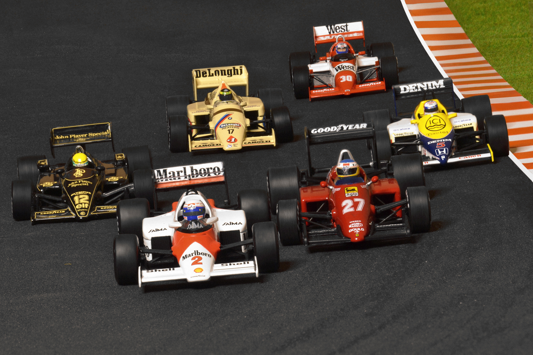 F1 1985 1:43 - McLaren MP4/2B Alain Prost (Solido) & Ferrari 156/85 Michele Alboreto (Altaya - conversion) & Lotus 97T Ayrton Senna (Minichamps) & Williams FW10 Nigel Mansell (Minichamps) & Arrows A8 Gerhard Berger (Minichamps) & Zakspeed 845 Jonathan Palmer (Spark)