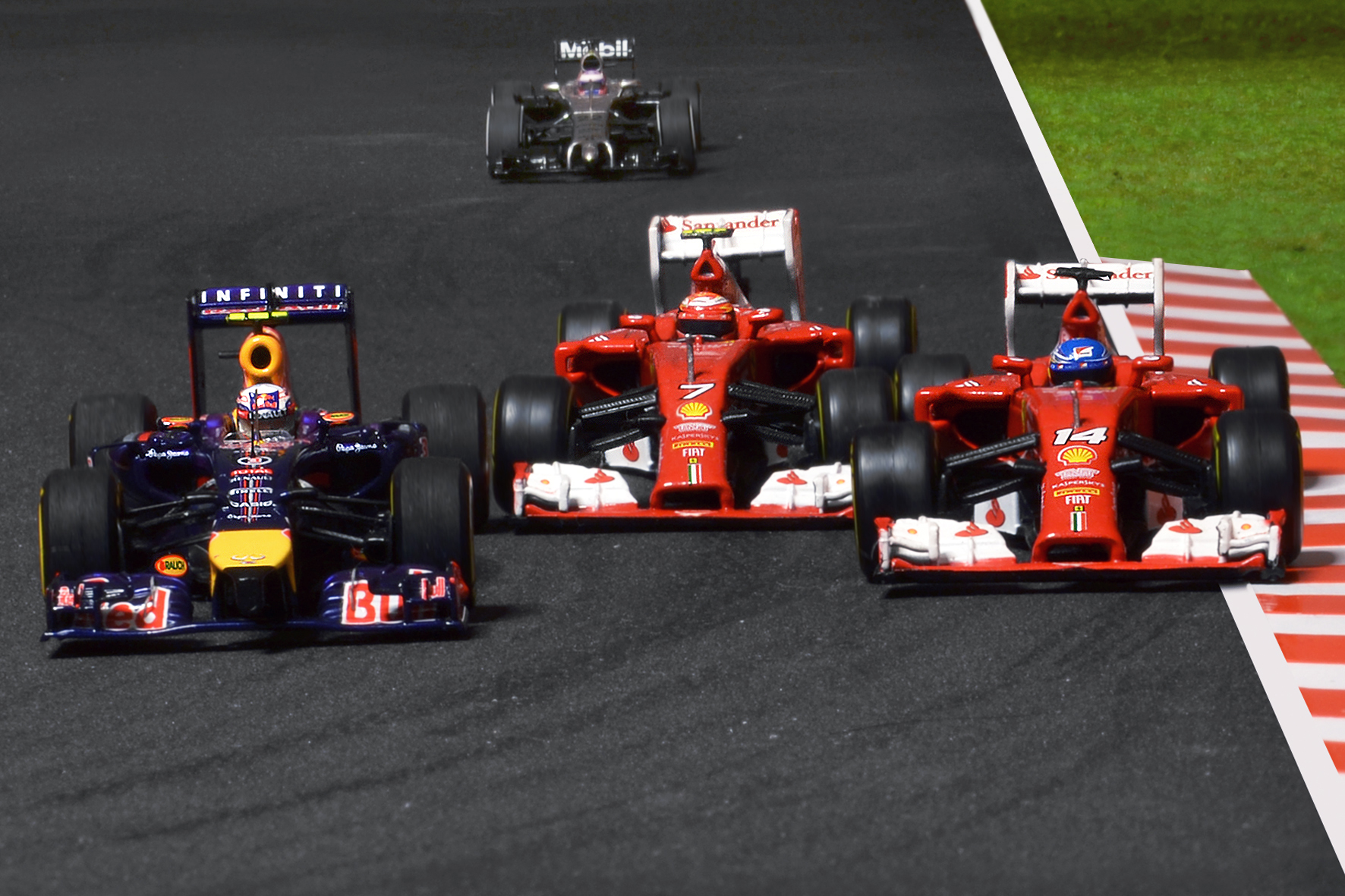 Red Bull RB10 Daniel Ricciardo & Ferrari F14-T Kimi Räikkönen & Fernando Alonso & McLaren MP4-29<br />Jenson Button 2014 - Spark & Hot Wheels & Minichamps 1:43