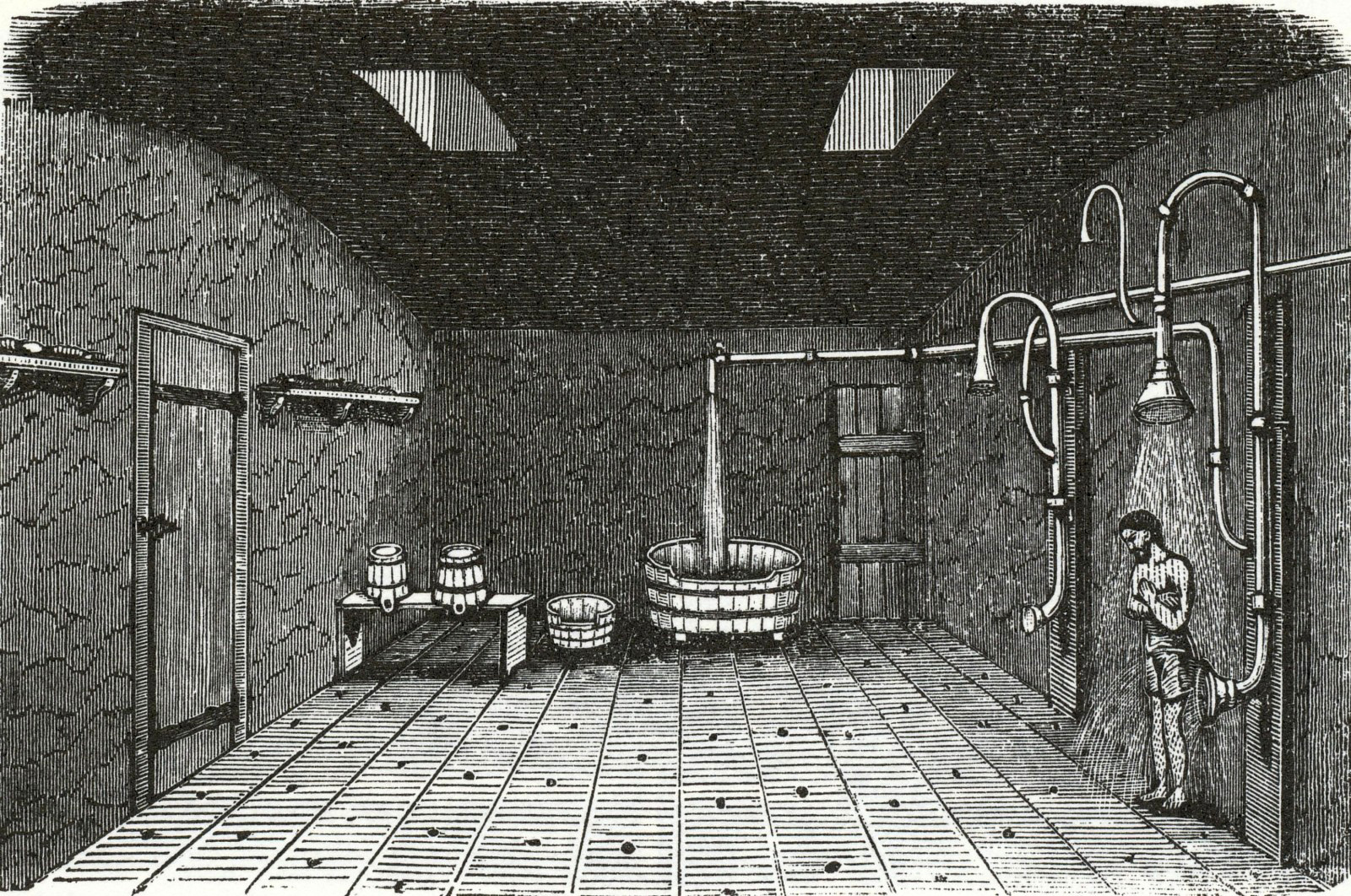 A hűtőzuhany terme. (Forrás: Kubinyi Ferenc - Vahot Imre: Magyarország és Erdély képekben, Pest, 1853.)