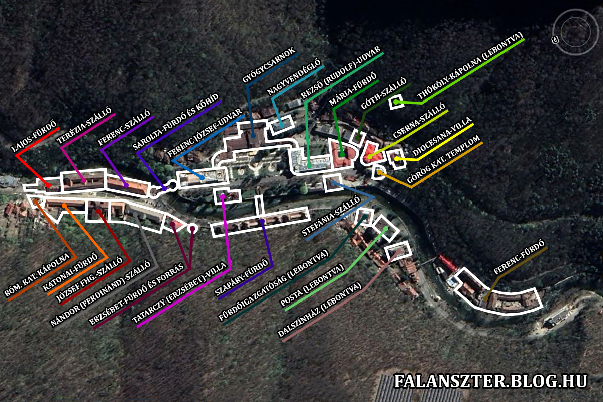 Herkulesfürdő Óvárosának és Belvárosának fontosabb épületei (Grafika: Falanszter.blog.hu)