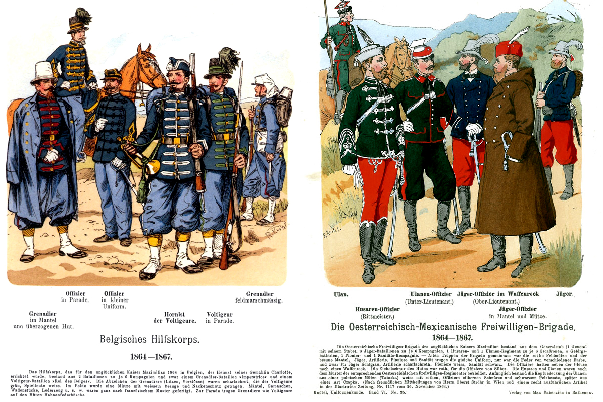 Balra a belga légió, jobbra az osztrák-magyar hadtest ruházata látható a huszároktól kezdve az ulánusokon át a vadászokig. (Forrás: Richard Knötel: Uniformenkunde)