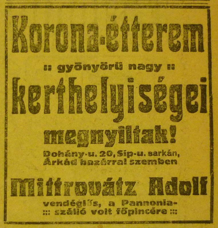 fovarosi.blog.hu: DohanyUtca20-KoronaEtterem-1913Majus-AzEstHirdetes