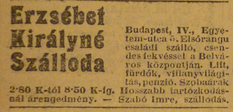 fovarosi.blog.hu: ErzsebetSzalloda-EgyetemUtca5-1913Januar-AzEstHirdetes