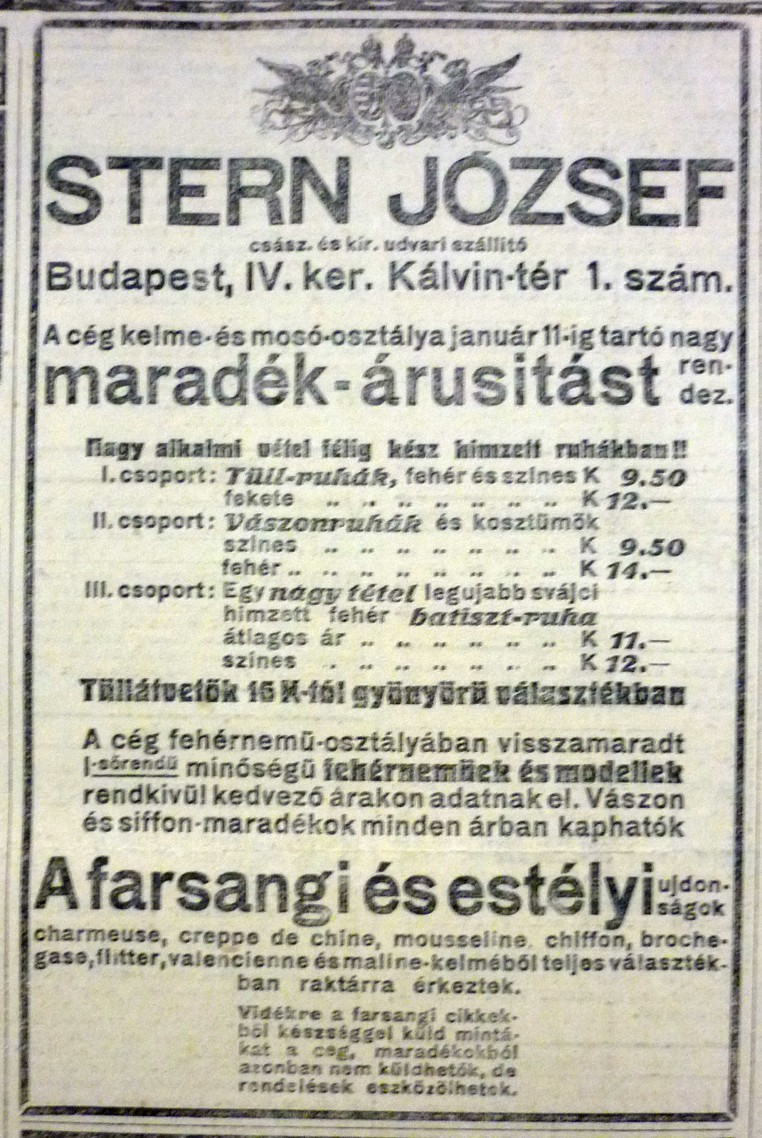 fovarosi.blog.hu: KalvinTer1-SternJozsef-1913Januar-AzEstHirdetes