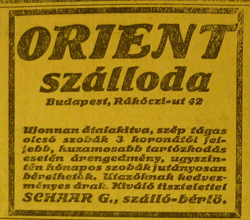 fovarosi.blog.hu: OrientSzalloda-RakocziUt42-1913Junius-AzEstHirdetes