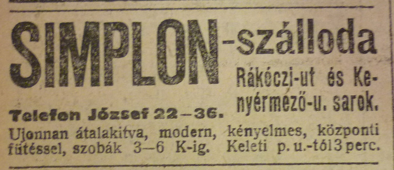 fovarosi.blog.hu: SimplonSzalloda-1913Szeptember-AzEstHirdetes
