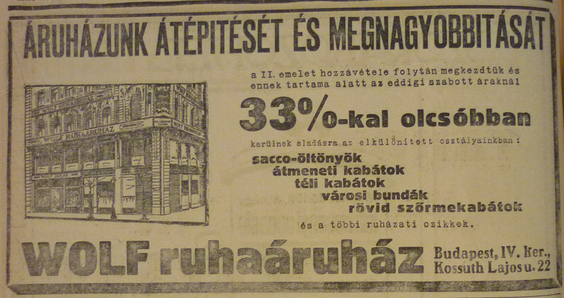 fovarosi.blog.hu: WolfAruhaz-KossuthLajosUtca22-1913November-AzEstHirdetes