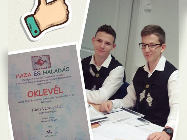 A "Haza és Haladás" elnevezésű országos történelmi vetélkedőn 66 csapat közül Marticsek Milán és Német Dániel a 12. helyezést érte el. Gratulálunk! #ajrg #gimiblog #történelem #verseny #budapest