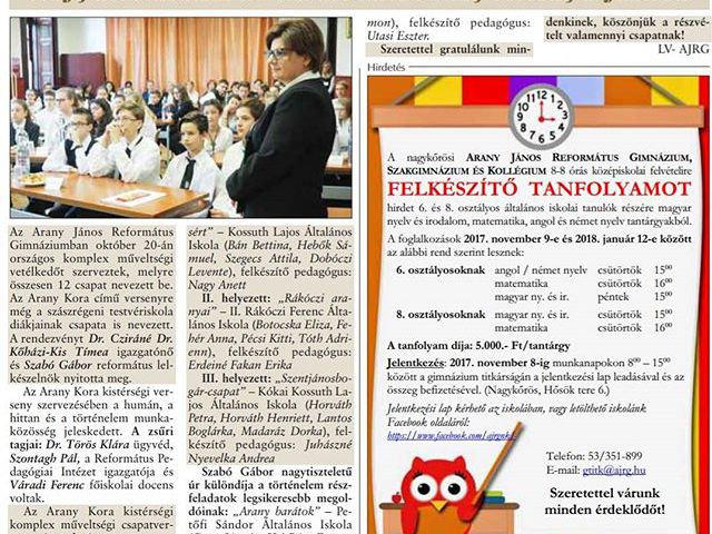 Cikk + felvételi előkészítő hirdetés a legutóbbi Önkormányzati Hírekben #ajrg #gimiblog #cikk #hirdetés #újság