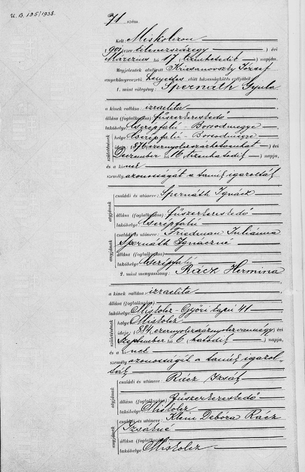 Spernáth Gyula házassági anyakönyve