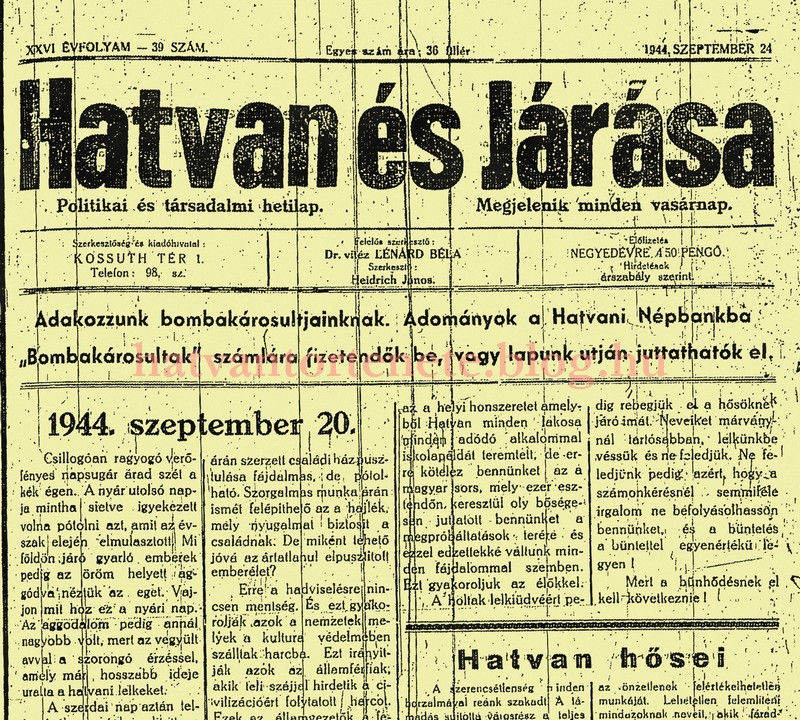 A Hatvan és Járása 1944. szeptember 24-i lapszáma.