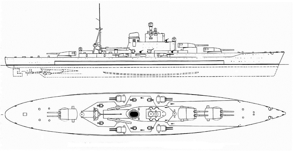 23 ezer tonnás, hat darab 38 cm-es ágyúval felszerelt olasz csatahajó terve a húszas évek végéről.