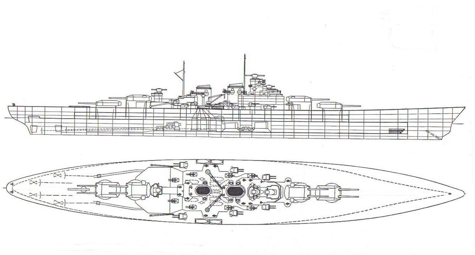 A H-44 hosszmetszete és felülnézete.