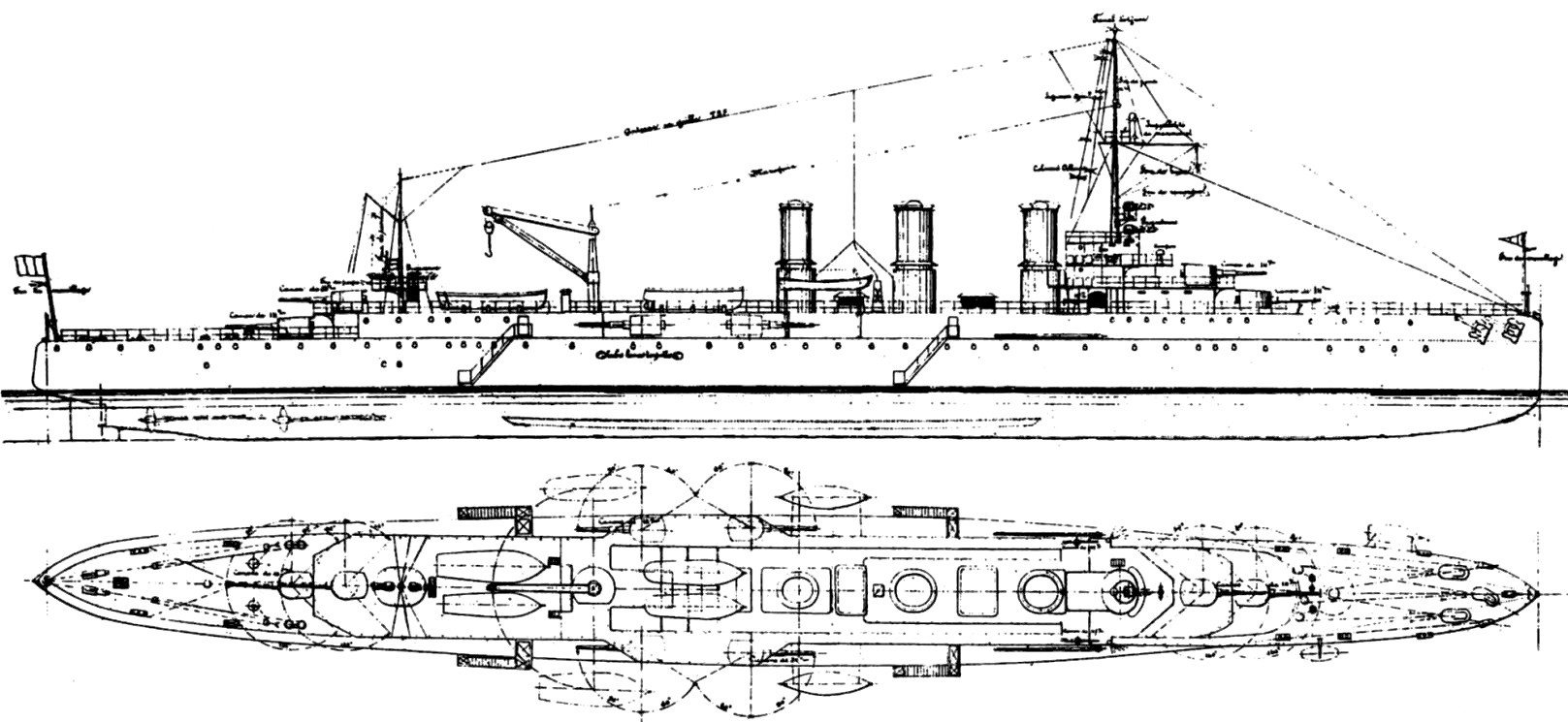 Az első világháború előtt tervezett La Motte-Picquet osztályú cirkálók vázlatrajza.