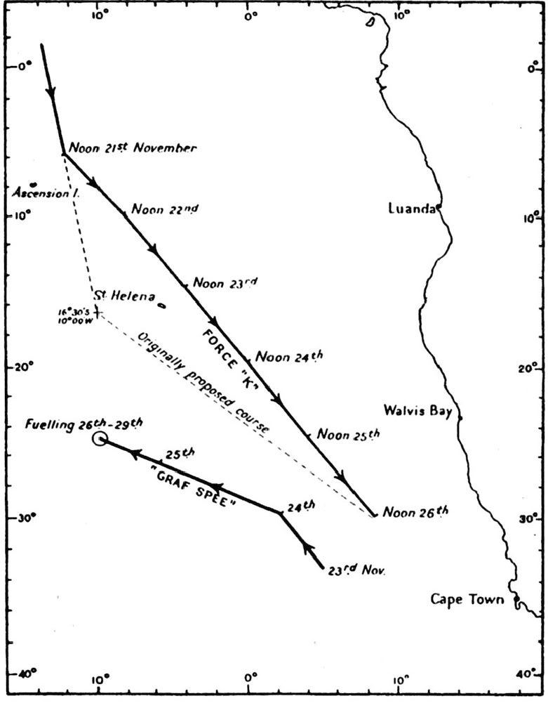 A Graf Spee és a Force K útvonala 1939 november 23 és 26 között.