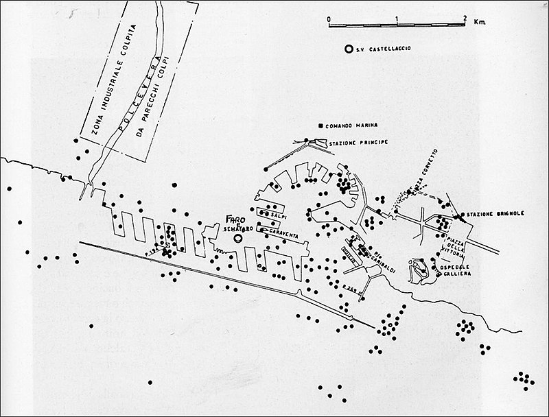A gránátbecsapódások helyei a genovai kikötő térképén. Jól látható, hogy a rossz láthatóság ellenére az angolok azért egész jól körbelövöldözték a kikötőt.