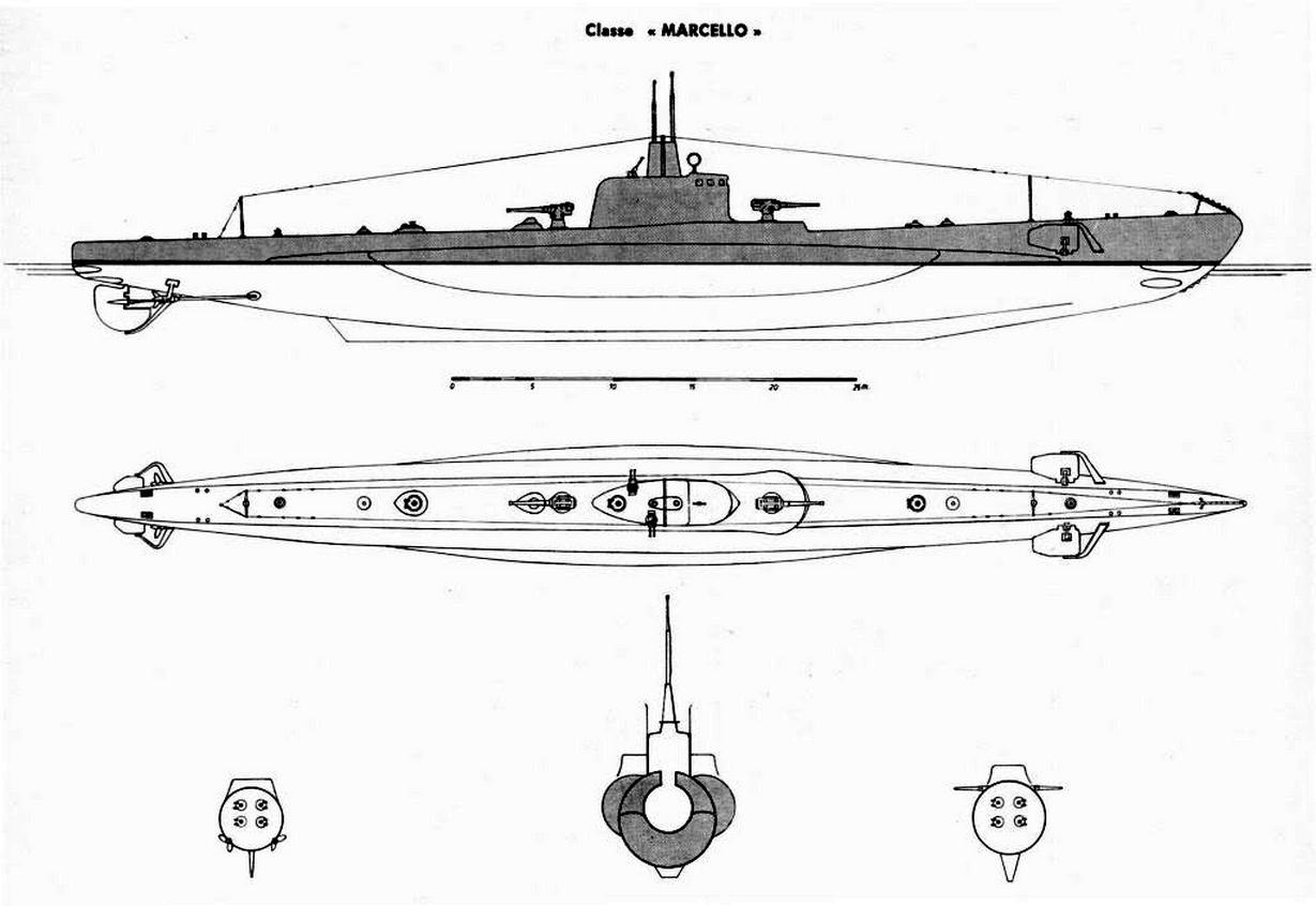 Marcello osztályú tengeralattjáró jellegrajza.