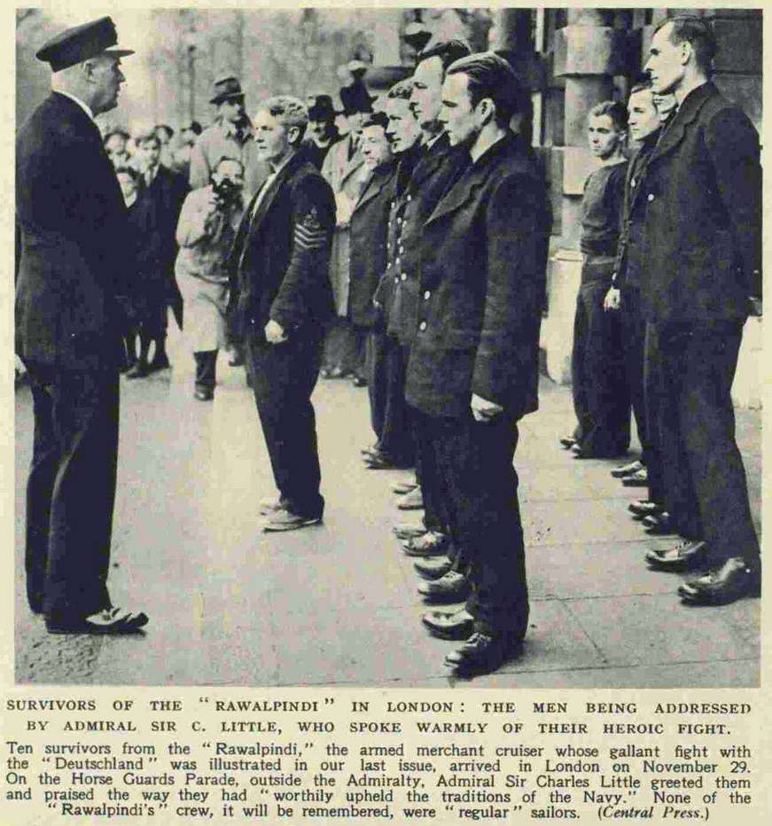 Charles Little tengernagy üdvözli a Rawalpindi Londonba visszatérő túlélőit. A képaláírás alapján az angolok ekkor még mindig azt hitték, hogy a hajót a Deutschland süllyesztette el.