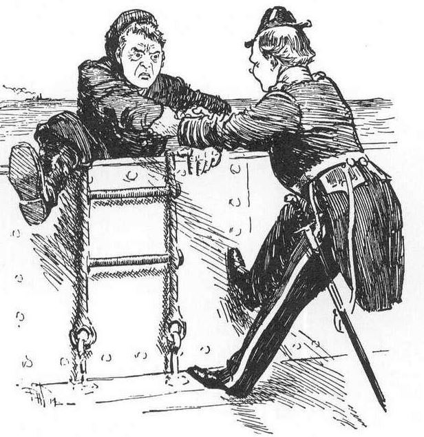 Churchill visszahúzza Fishert a parancsnoki hídra. Korabeli karikatúra.