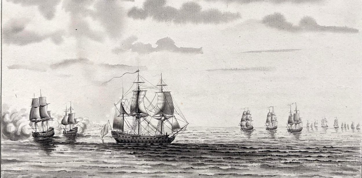 A Sans Pareil, és a két Vigóban zsákmányolt hajó az üldöző angol kötelék elől menekül. (A metszet fél évszázaddal a történtek után készült, a hajók ábrázolása így nem hiteles.)