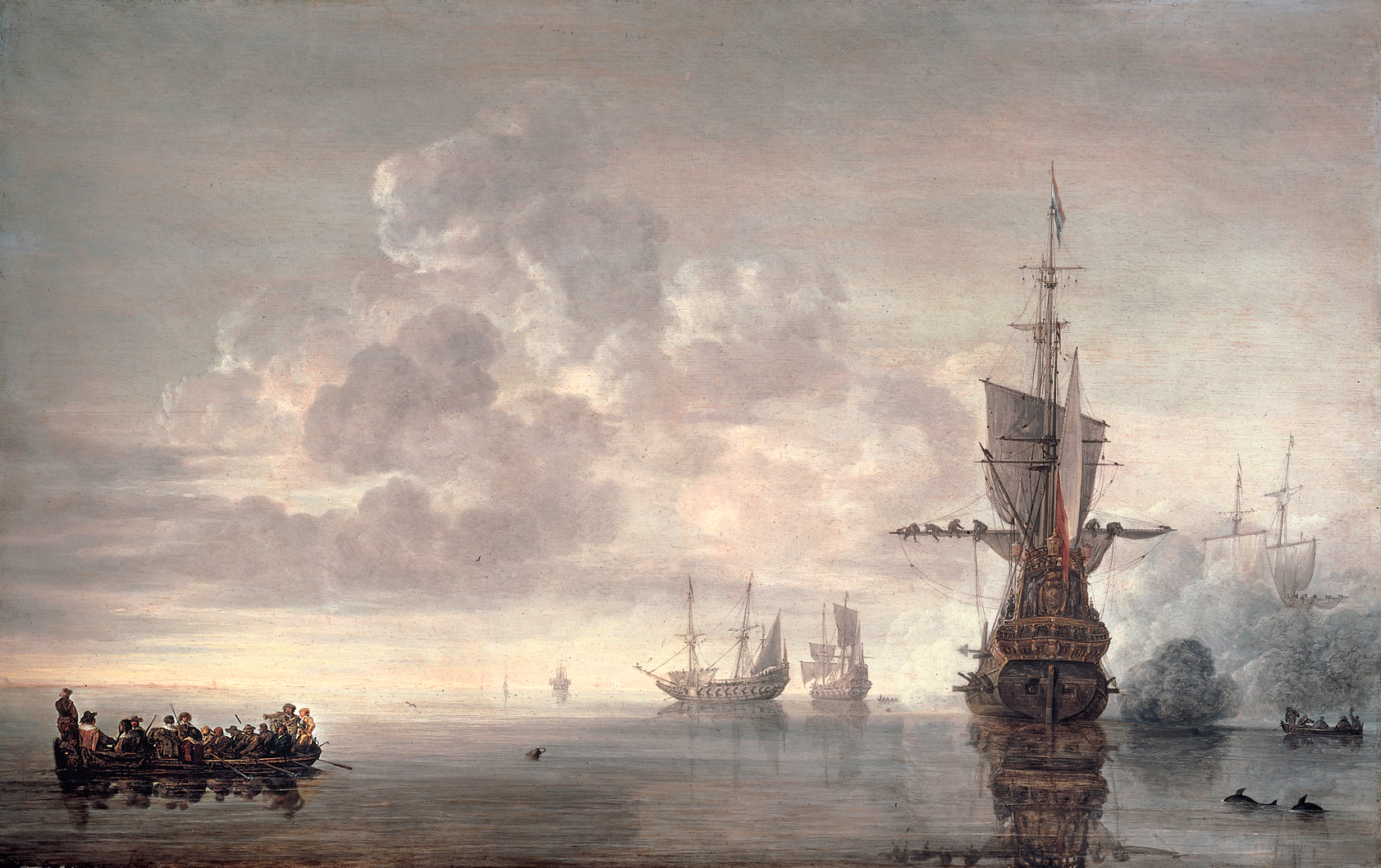 Holland hadihajók üdvözlő lövésekkel köszöntik a zászlóshajója felé tartó Trompot.