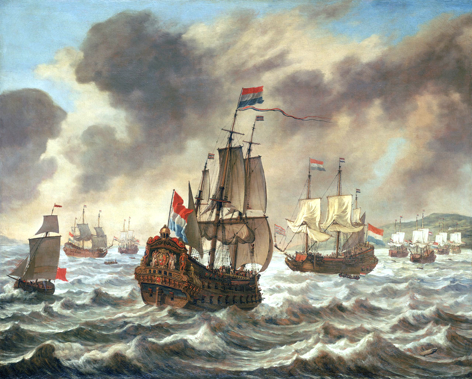 Holland hadihajók Downs előtt. Elöl Tromp zászlóshajója, az Aemilia.