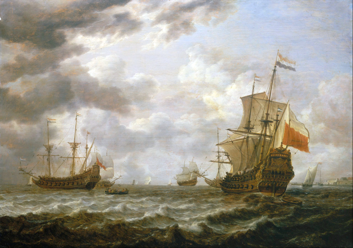 Holland hadihajók Hellevoetsluis előtt. Jobbra Tromp zászlóshajója, a Brederode.