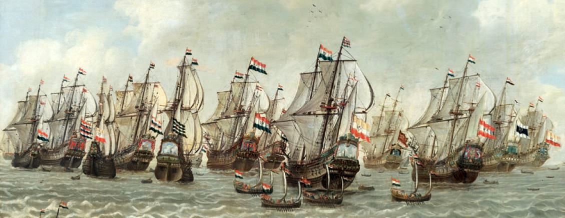 A holland Kelet-indiai Társaság hazatérő hajói. Mint a képről is kivehető, a kereskedelmi társaságok jól felfegyverzett hajói nagyon komoly katonai potenciált képviseltek, és háború idején a haditengerészetbe besorozva annak egyik fő ütőerejét jelentették.