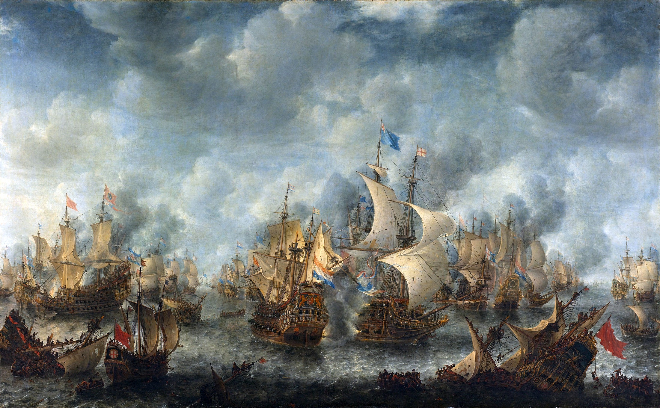 A Scheveningen-i csata. Középen a két zászlóshajó.