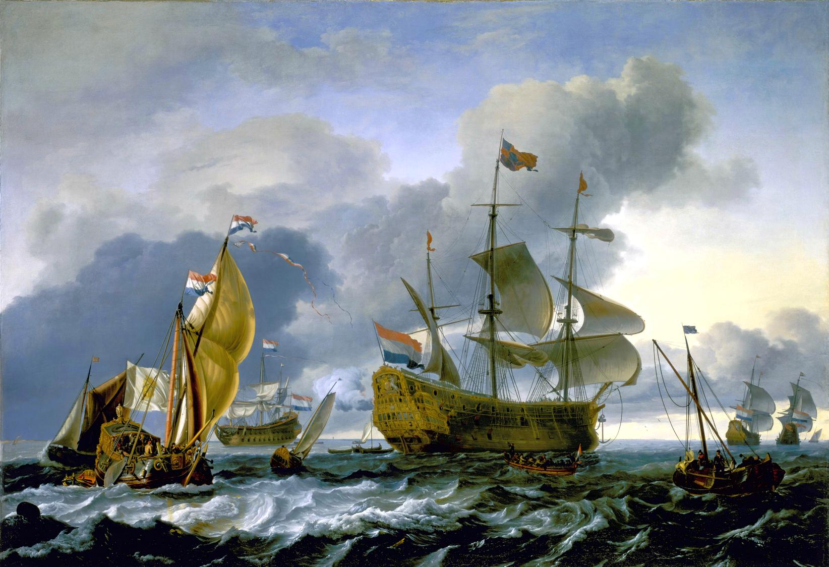 A flotta hazatérő hajói, és az elfogott Royal Charles a holland partok előtt.