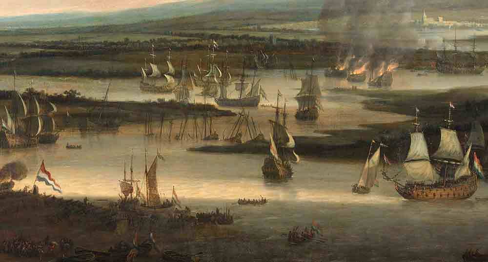 A holland flotta – ekkora holland hadihajók a valóságban nem hajóztak fel ilyen messze a Medway-en – és a Chatham előtt égő angol sorhajók.