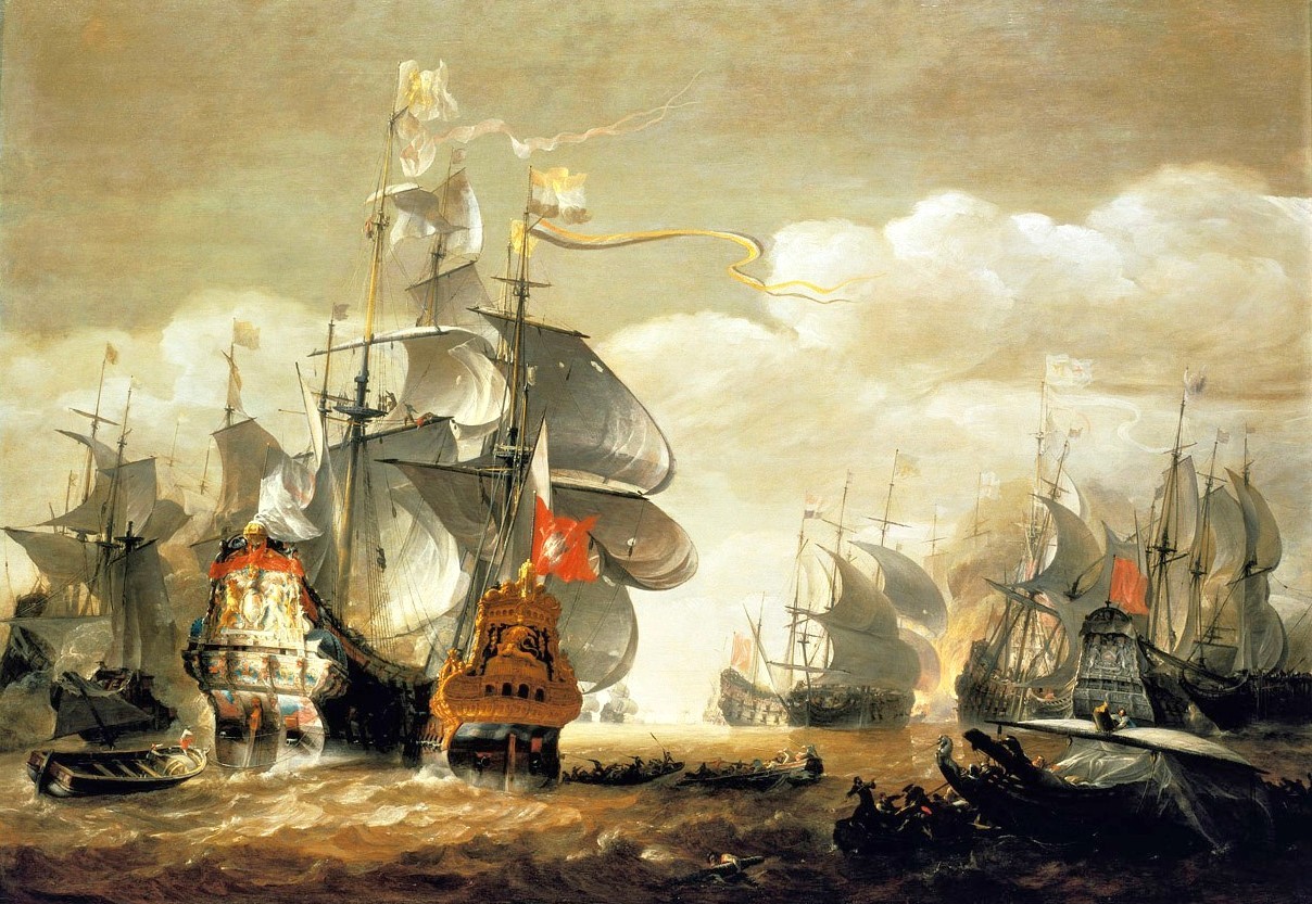 Egy másik festmény az ütközetről. Elöl az egymással tűzharcot vívó két zászlóshajó.