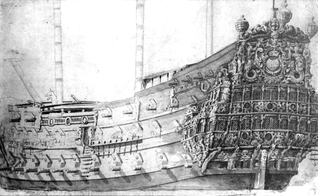 Három ütegfedélzetes angol sorhajó, valószínűleg a 92 ágyús Lloyal London.