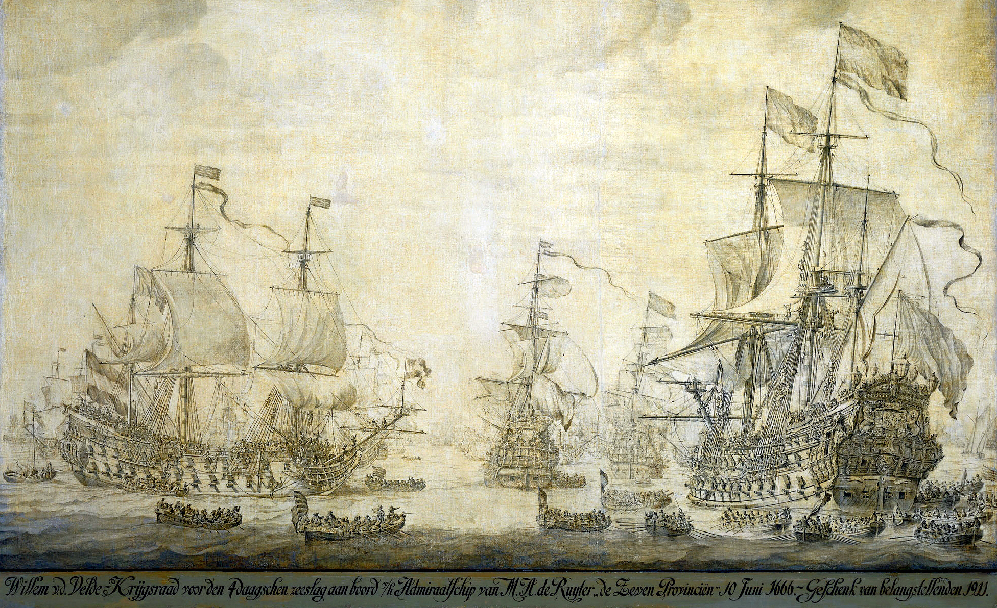 Az ütközet előtti napon megtartott haditanácsra érkező holland parancsnokok csónakjai a De Zeven Provincien felé tartanak.