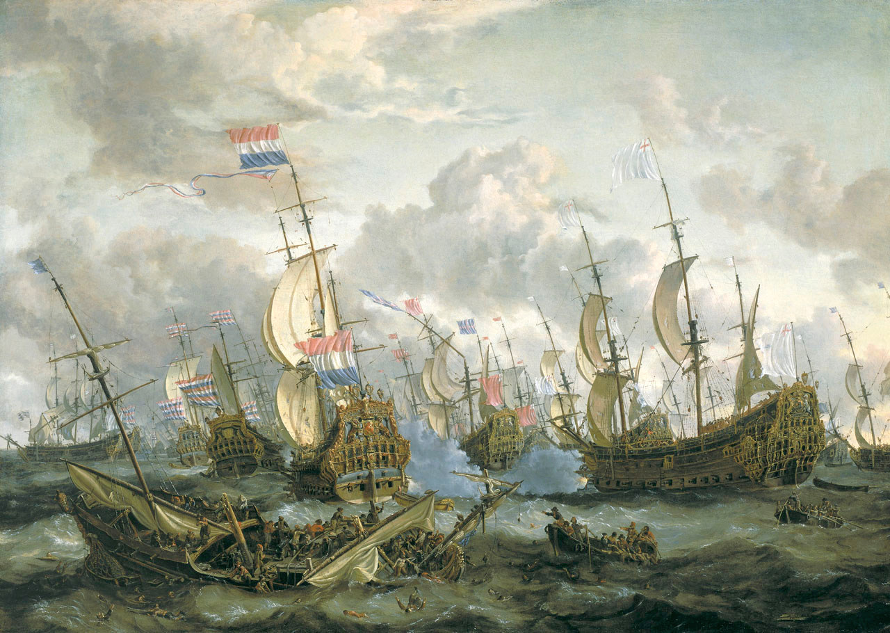 A Négynapos Csata. A hullámok és a hajók erős dőlése alapján a festő, Abraham Storck, a csata első napját örökítette meg.