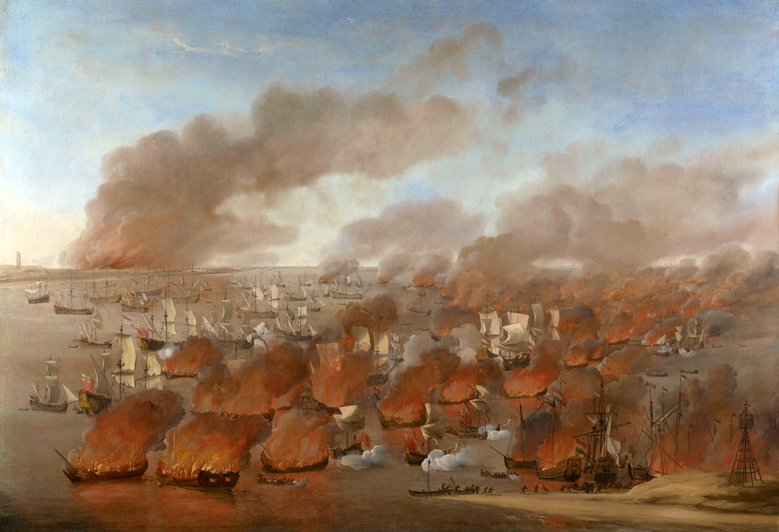 A Vlie-nél lángokban álló holland kereskedelmi hajók.