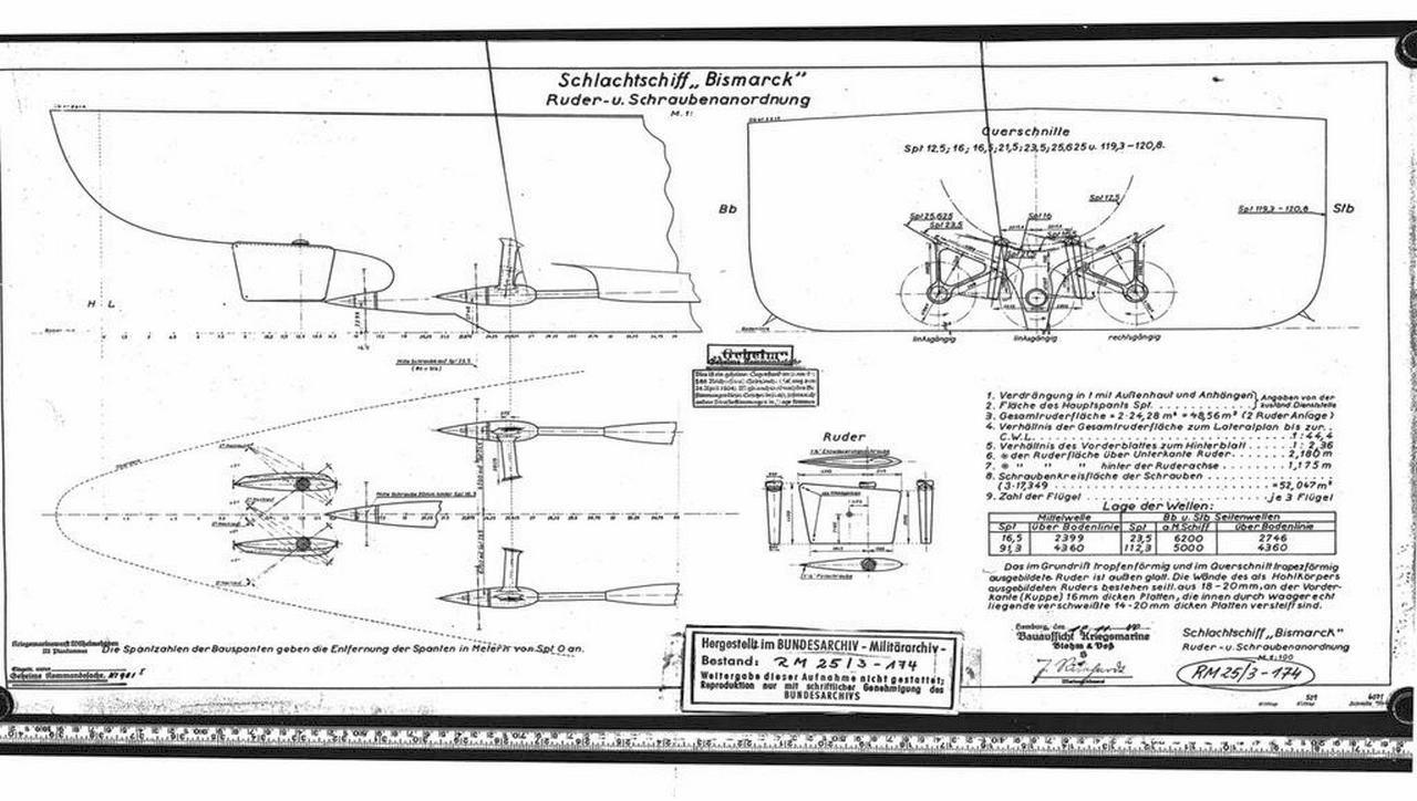 A Bismarck kormánylapát és hajócsavar elrendezése.