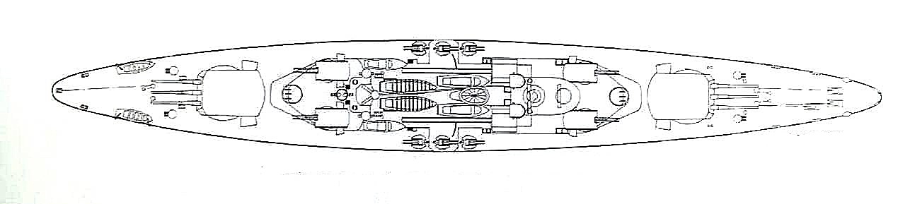 A Design 770 felülnézeti rajza. Jól látható a másodlagos tüzérség különös elrendezése.