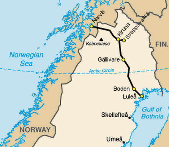 Az északi területek, és a Narvikot Luleával összekötő vasútvonal térképe.