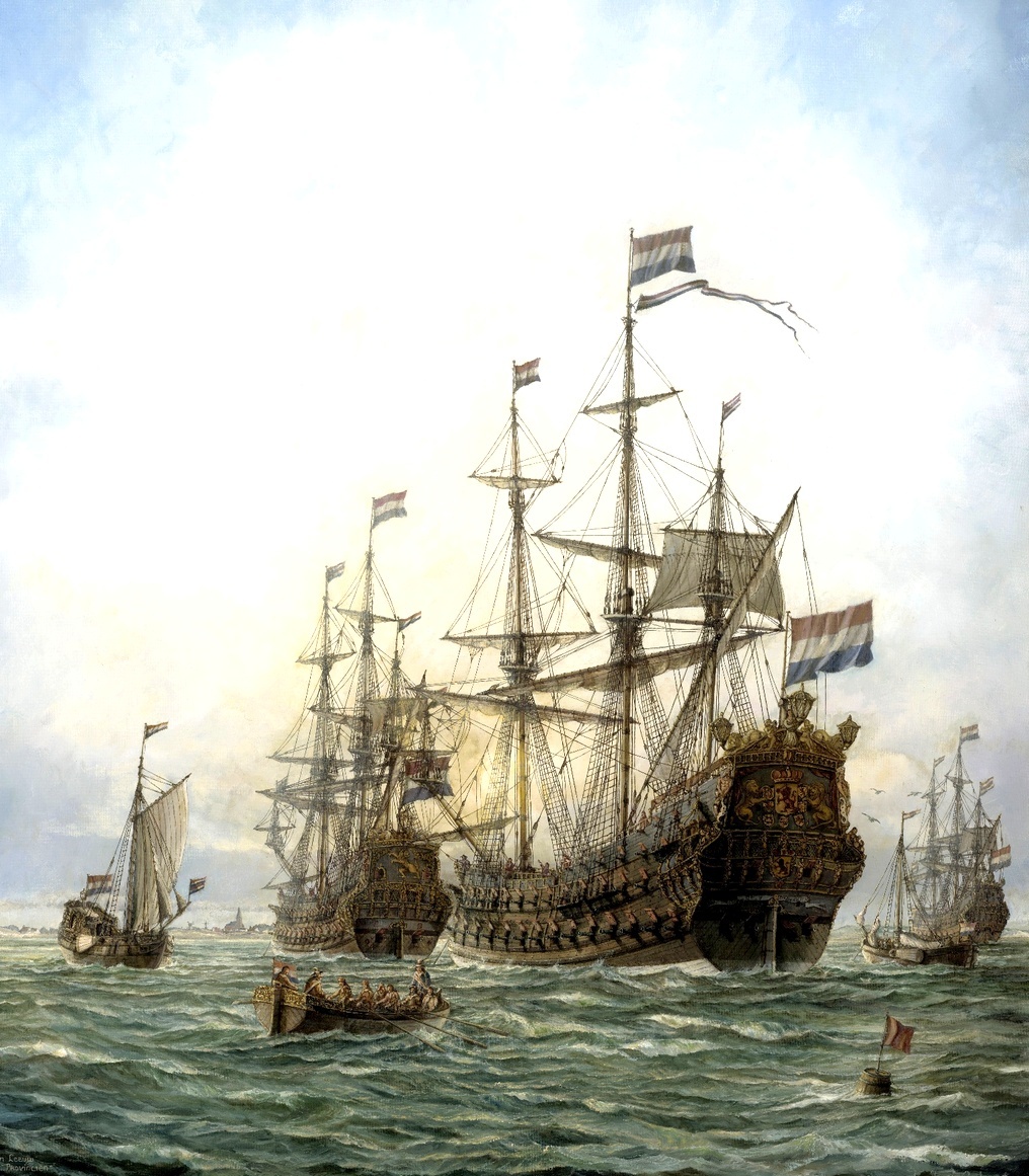Holland hadihajók. Elöl a Gouden Leeuw, mögötte a flotta zászlóshajója, a De Zeven Provincien.
