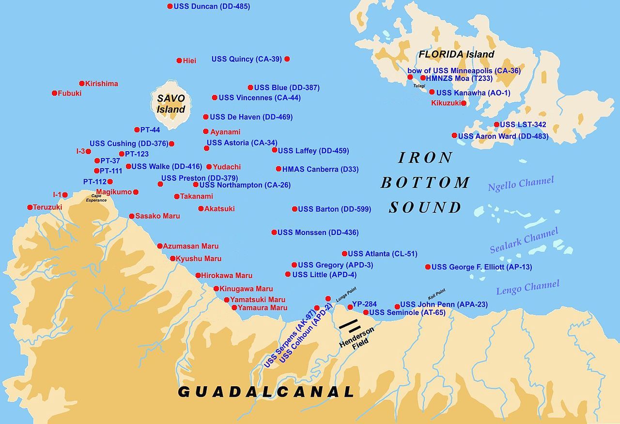 A Vasfenekű Szoros térképe, az elsüllyedt amerikai és japán hajókkal.