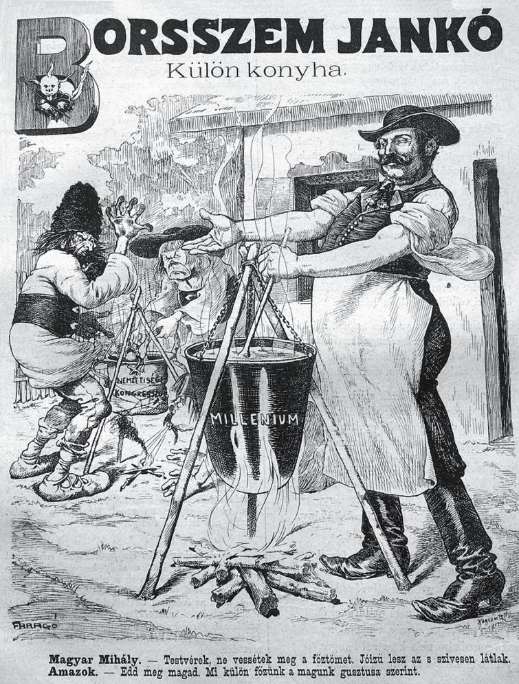 Karikatúra 1895-ből. A kép és a szöveg utalás az ez évi budapesti nemzetiségi kongresszusra.