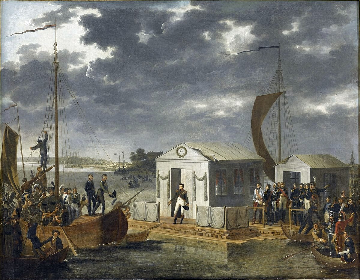 Napóleon és Sándor cár találkozása Tilsitnél, egy a Nyeman folyó közepén lehorgonyzott tutajon.