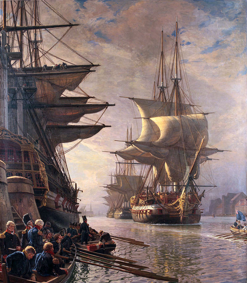 Az elfogott dán sorhajók kihajóznak Koppenhága kikötőjéből.