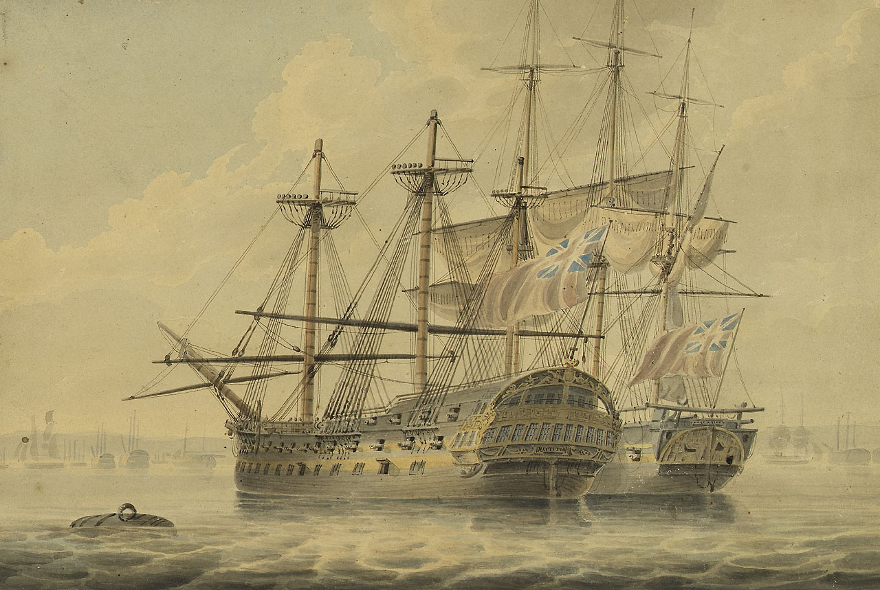 Az egyik elfogott dán sorhajó, a 72 ágyús Justitia, a képen már angol zászló alatt.