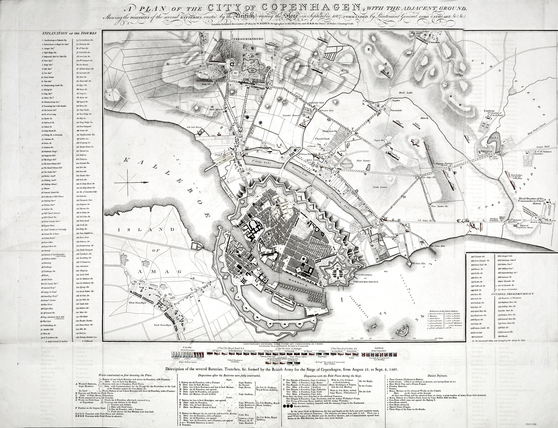 Koppenhága térképe 1807-ből. A térképen az ostromló angol csapatok felállása is látható.