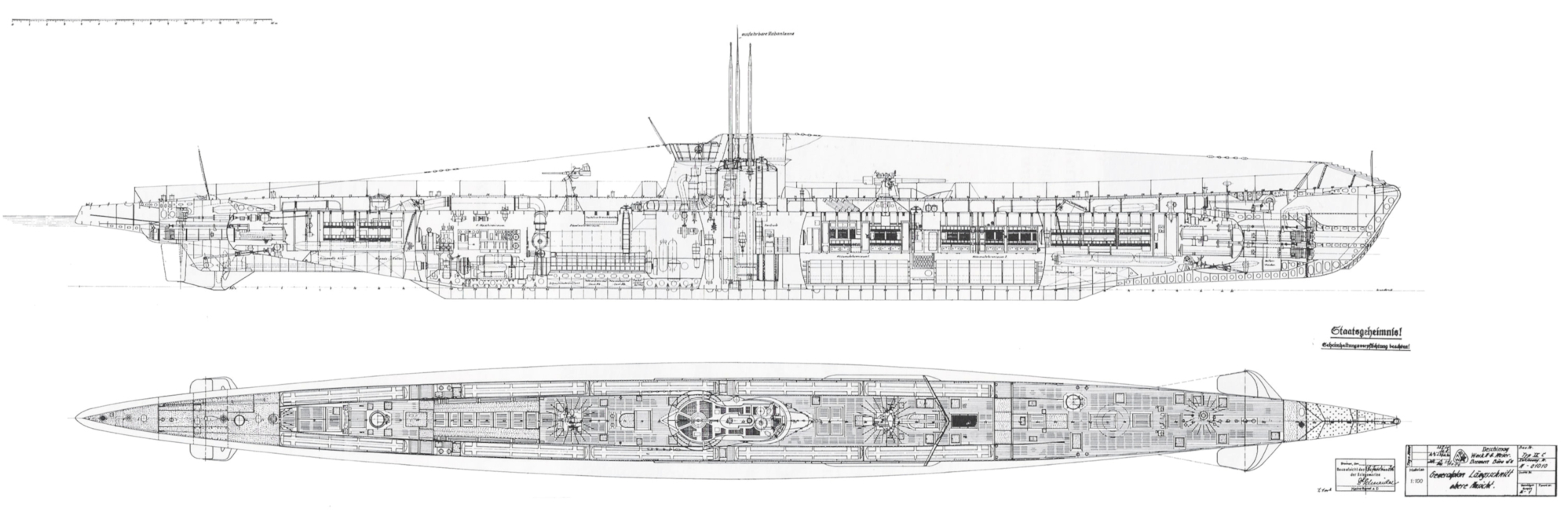 IXC típusú tengeralattjáró metszetrajza.