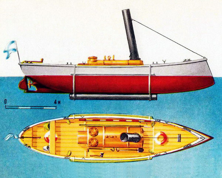 A Csezme. A rajzon jól látható a bárka gerince alá erősített torpedóvető cső.